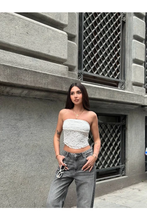 Kadın Beyaz Astarlı Dantel Straplez Bluz HZL25S-ZK11251