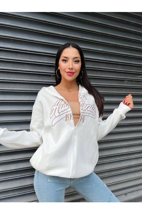 Kadın Beyaz Baskılı Kapüşonlu Fermuarlı Oversize Sweatshirt HZL24W-ZK12741