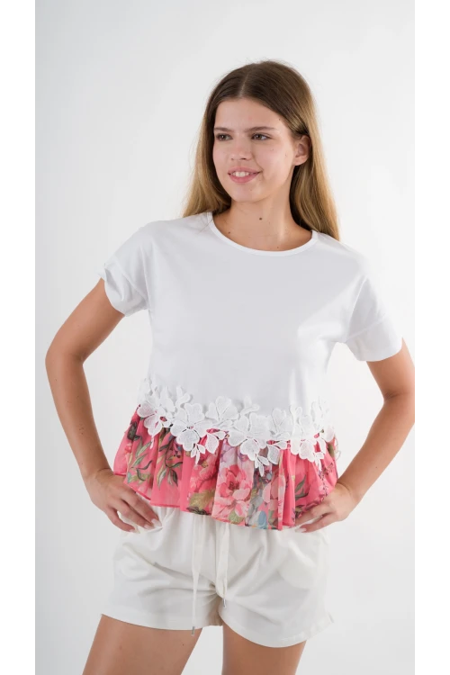 Kadın Beyaz Dantel Çiçek Desenli Bisiklet Yaka Bluz HZL24S-YY256