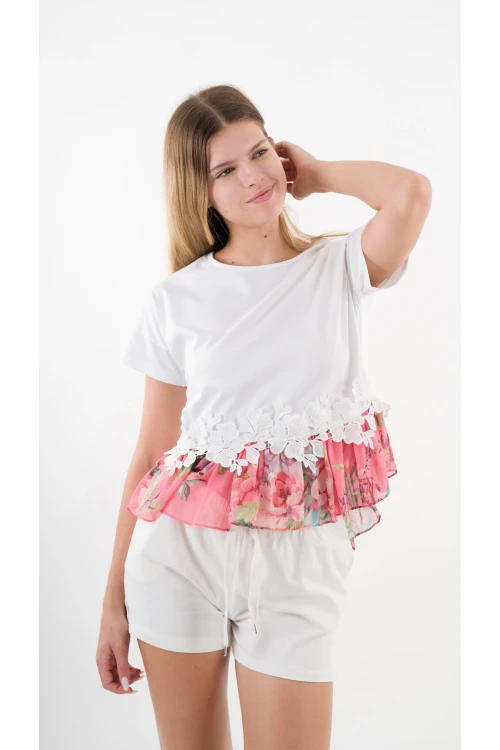 Kadın Beyaz Dantel Çiçek Desenli Bisiklet Yaka Bluz HZL24S-YY256