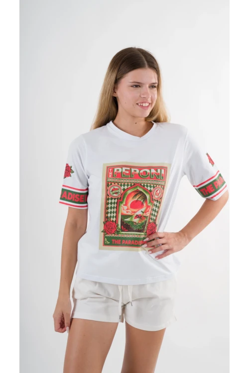 Kadın Beyaz Kırmızı Peponi Baskılı Bisiklet Yaka T-Shirt HZL24S-YY302