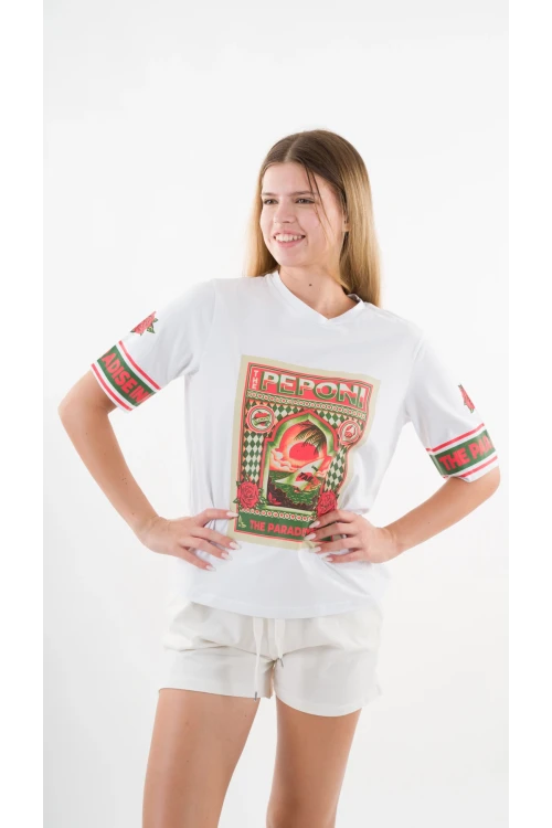 Kadın Beyaz Kırmızı Peponi Baskılı Bisiklet Yaka T-Shirt HZL24S-YY302