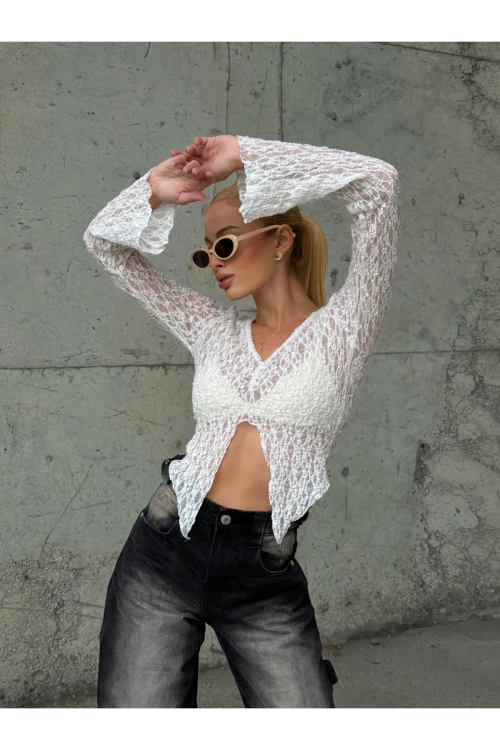 Kadın Beyaz Önü Büzgülü İspanyol Kol Tül Bluz HZL24S-ZK13381