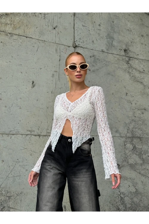 Kadın Beyaz Önü Büzgülü İspanyol Kol Tül Bluz HZL24S-ZK13381