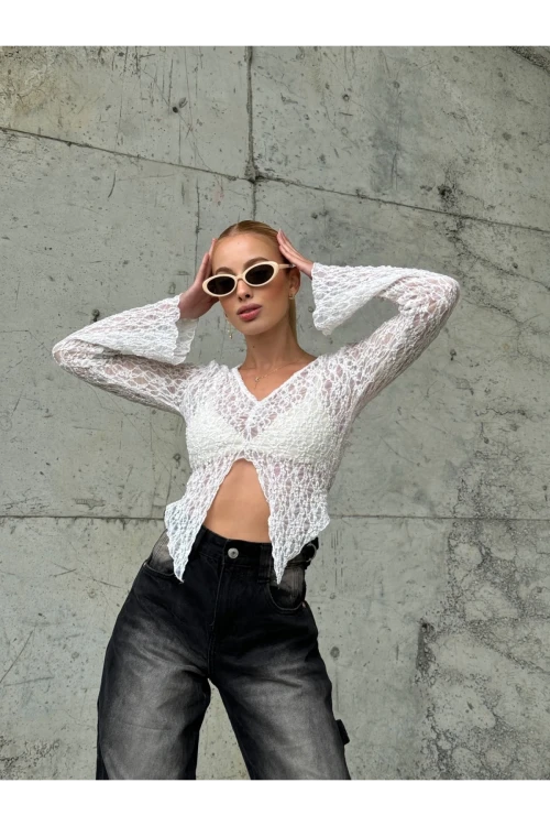 Kadın Beyaz Önü Büzgülü İspanyol Kol Tül Bluz HZL24S-ZK13381