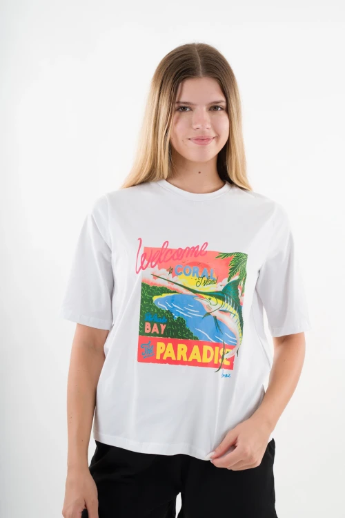 Kadın Beyaz Paradise Baskılı Bisiklet Yaka T-Shirt HZL24S-YY302