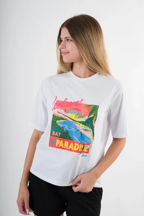 Kadın Beyaz Paradise Baskılı Bisiklet Yaka T-Shirt HZL24S-YY302