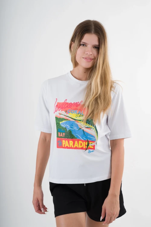 Kadın Beyaz Paradise Baskılı Bisiklet Yaka T-Shirt HZL24S-YY302