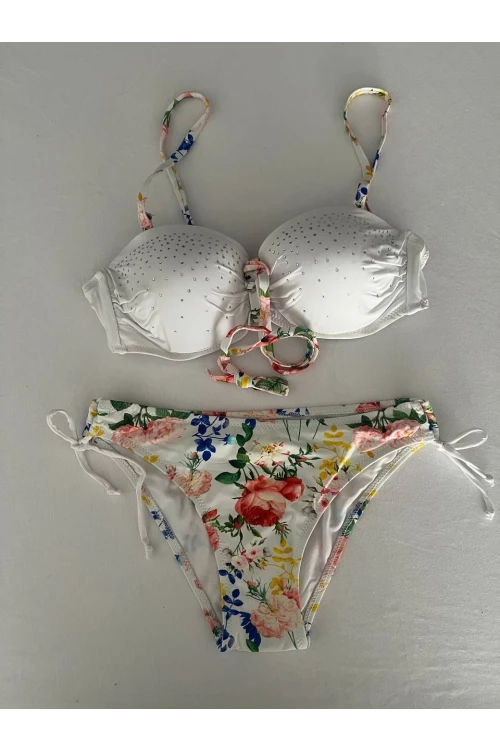Kadın Beyaz Taş İşlemeli Astarlı Bikini Takım HZL25S-LC208