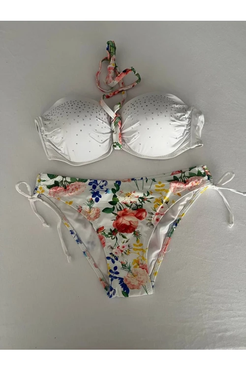 Kadın Beyaz Taş İşlemeli Astarlı Bikini Takım HZL25S-LC208