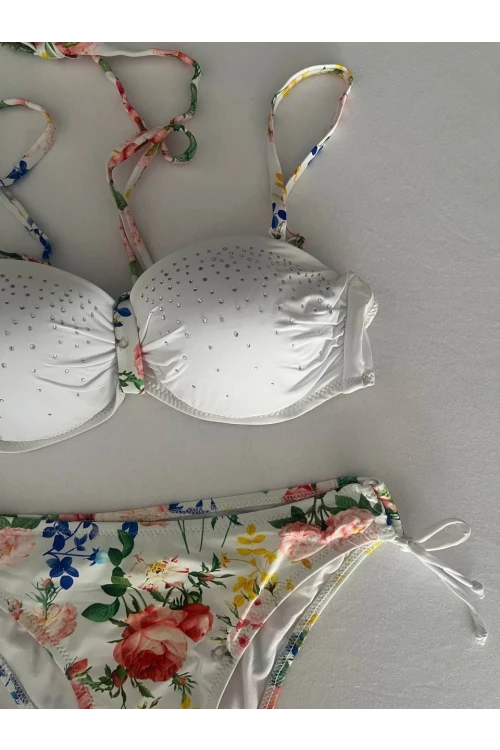 Kadın Beyaz Taş İşlemeli Astarlı Bikini Takım HZL25S-LC208