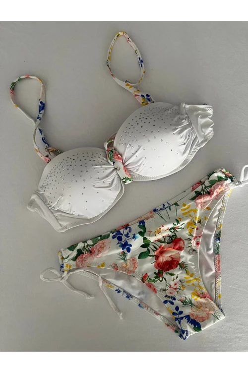 Kadın Beyaz Taş İşlemeli Astarlı Bikini Takım HZL25S-LC208