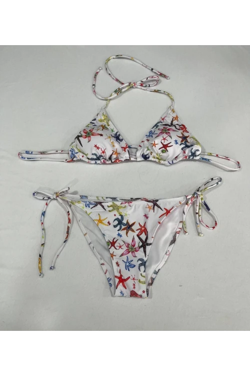 Kadın Beyaz Yıldız Temalı Boyundan İp Bağlamalı Üçgen Bikini Takımı HZL25S-LC5005