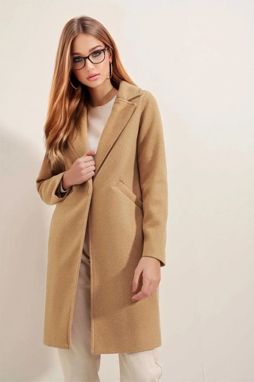 Kadın Bisküvi Tek Düğmeli Çift Cepli Astarlı Şık Kaşe Kaban HZL23W-BD190851