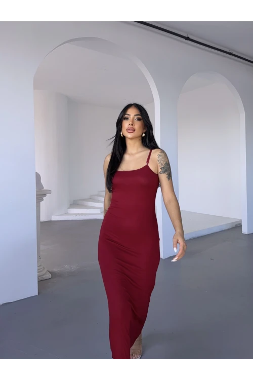 Kadın Bordo Ayarlanabilir Askılı Midi Boy Elbise HZL25S-FRY122921