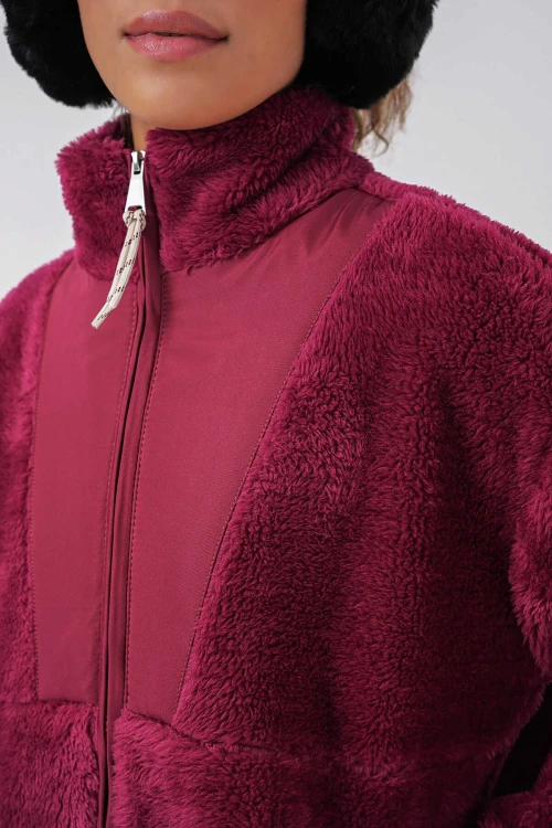 Kadın Bordo Baskılı Fermuarlı Suni Yünlü Astarlı Peluş Ceket HZL25W-BD151941