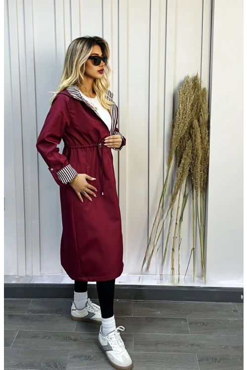 Kadın Bordo Beli Büzgülü Kapşonlu Uzun Trençkot HZL22W-BD190911