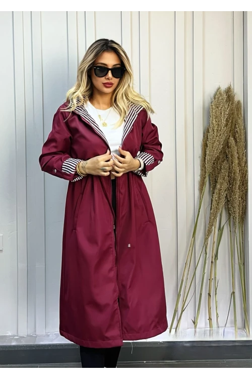 Kadın Bordo Beli Büzgülü Kapşonlu Uzun Trençkot HZL22W-BD190911