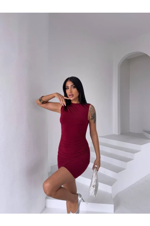 Kadın Bordo Beli Drapeli Sandy Kumaş Mini Elbise HZL25S-FRY122981