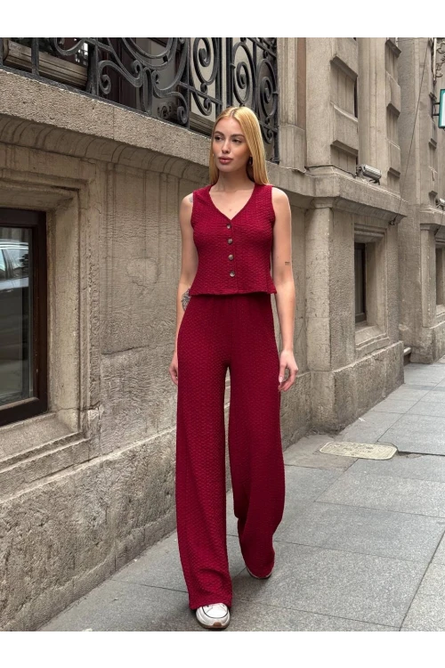 Kadın Bordo Beli Lastilkli Gofre Kumaş Pantolon HZL24S-ZK13261