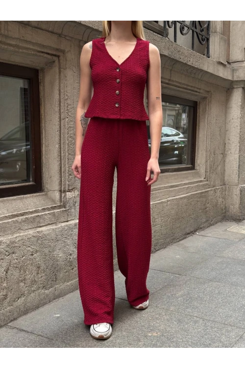 Kadın Bordo Beli Lastilkli Gofre Kumaş Pantolon HZL24S-ZK13261