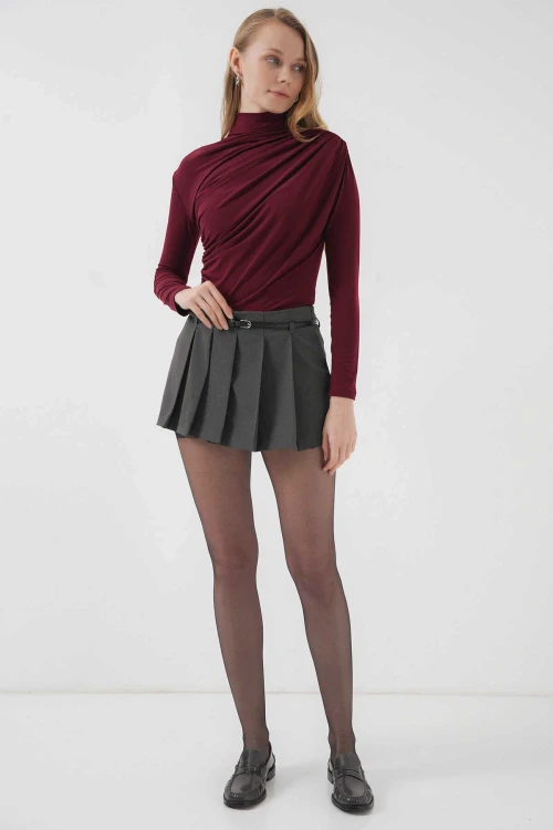 Kadın Bordo Büzgü Detay Balıkçı Yaka Sandy Bluz HZL25W-BD19251