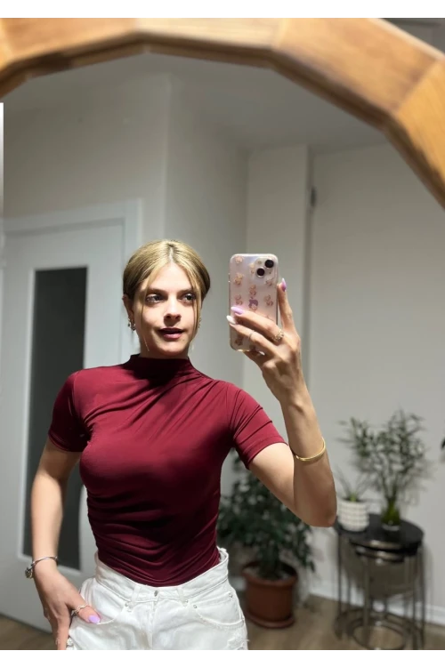 Kadın Bordo Büzgü Detay Yarım Kol Sandy Bluz HZL25S-FRY121741