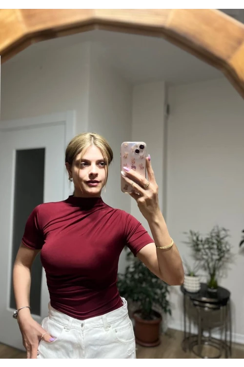 Kadın Bordo Büzgü Detay Yarım Kol Sandy Bluz HZL25S-FRY121741