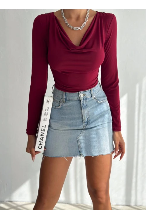 Kadın Bordo Degaje Yaka Yandan Büzgülü Uzun Kol Sandy Bluz HZL24W-FRY122481