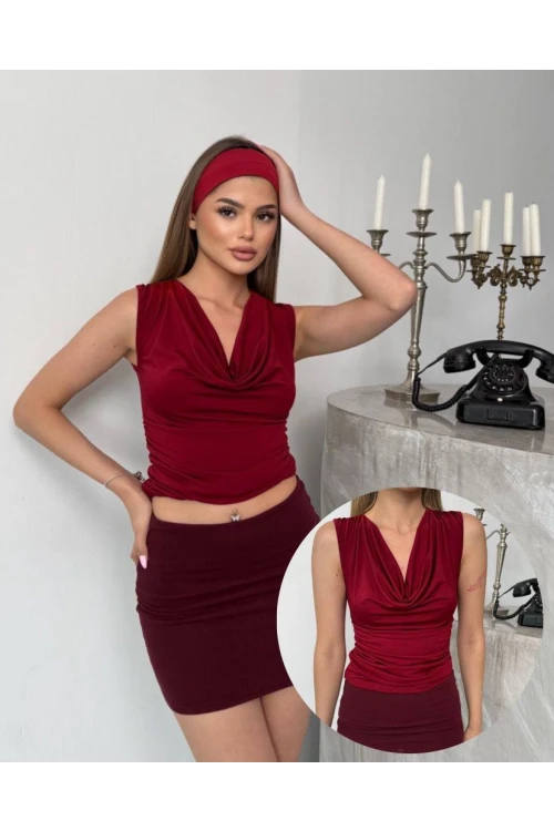 Kadın Bordo Degaje Yaka Yanlardan Drapeli Sandy Bluz HZL25S-FRY123131