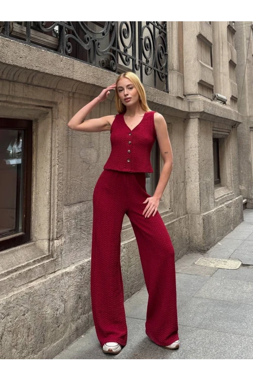 Kadın Bordo Gofre Kumaş Yelek Pantolon İkili Takım HZL25S-ZK13591