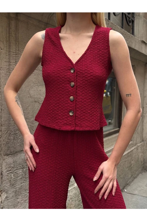 Kadın Bordo Gofre Kumaş Yelek Pantolon İkili Takım HZL25S-ZK13591