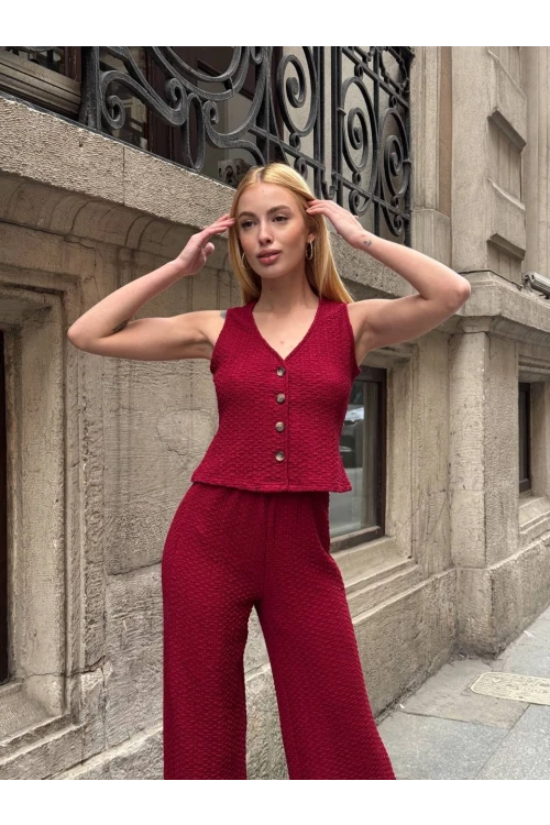 Kadın Bordo Gofre Kumaş Yelek Pantolon İkili Takım HZL25S-ZK13591