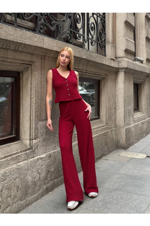 Kadın Bordo Gofre Kumaş Yelek Pantolon İkili Takım HZL25S-ZK13591