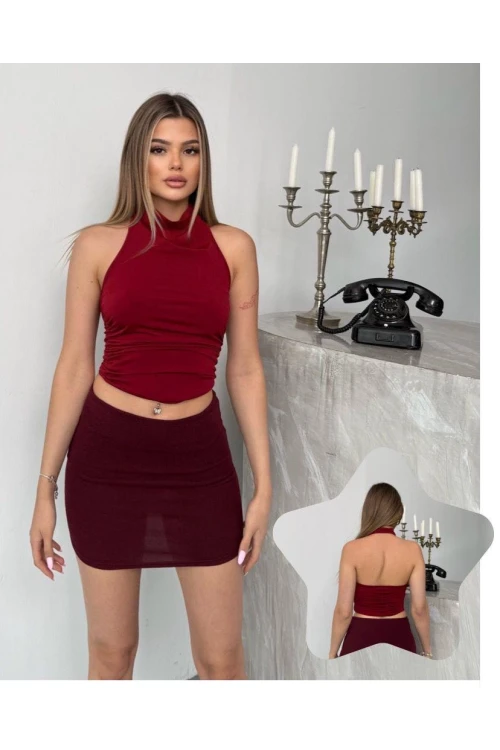 Kadın Bordo Halter Yaka Sırtı Açık Sandy Bluz HZL25S-FRY123141