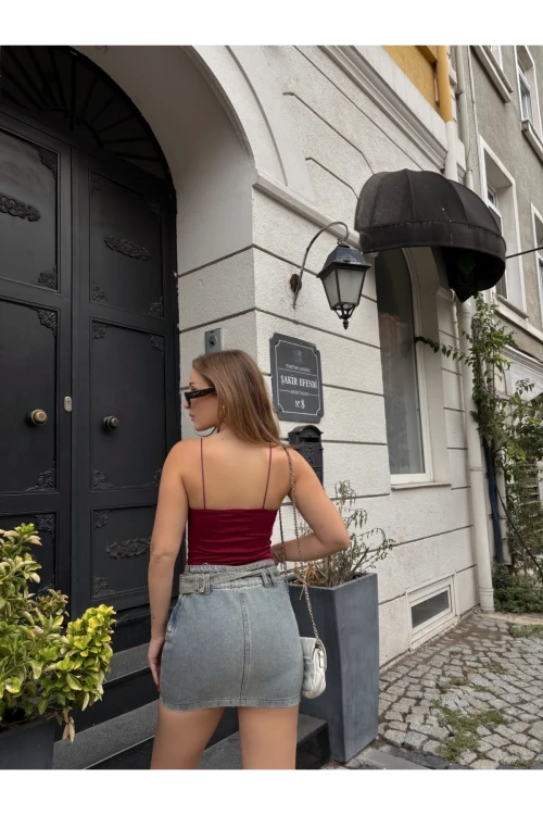 Kadın Bordo İp Askılı Örme Body Bluz HZL24S-ZK11001