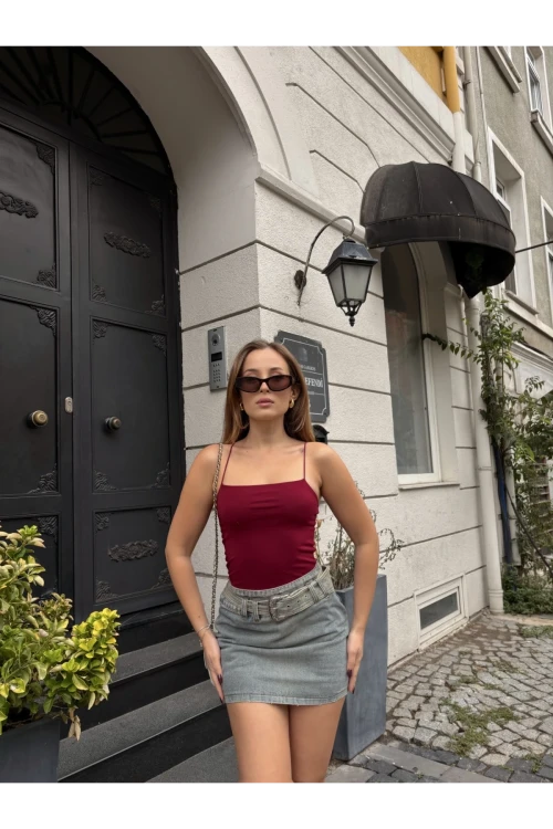 Kadın Bordo İp Askılı Örme Body Bluz HZL24S-ZK11001