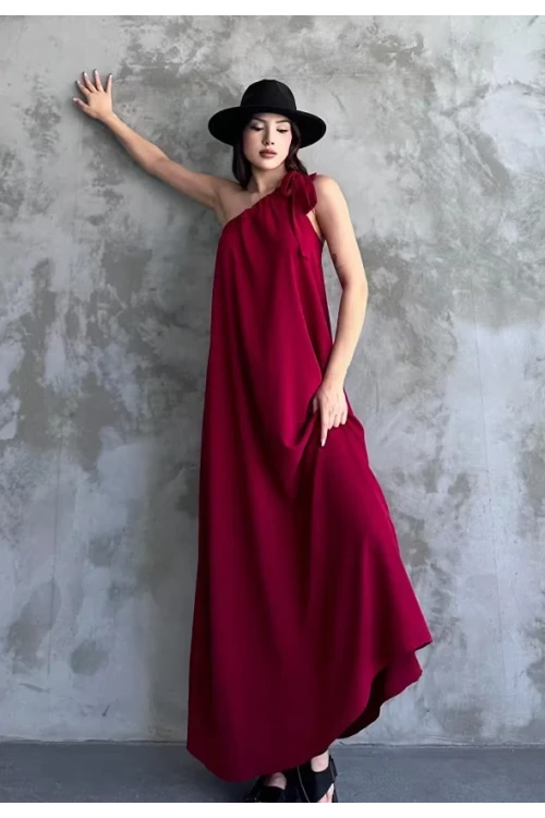 Kadın Bordo Omuzdan Bağlamalı Maxi Boy Dokuma Elbise HZL22S-DSB110031