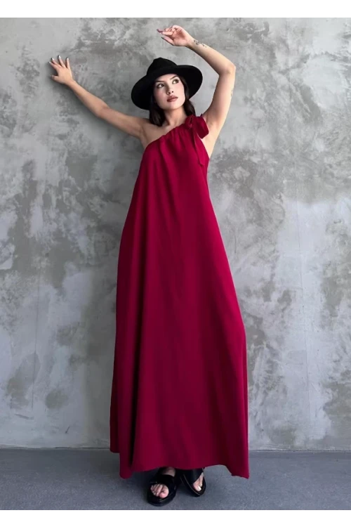 Kadın Bordo Omuzdan Bağlamalı Maxi Boy Dokuma Elbise HZL22S-DSB110031