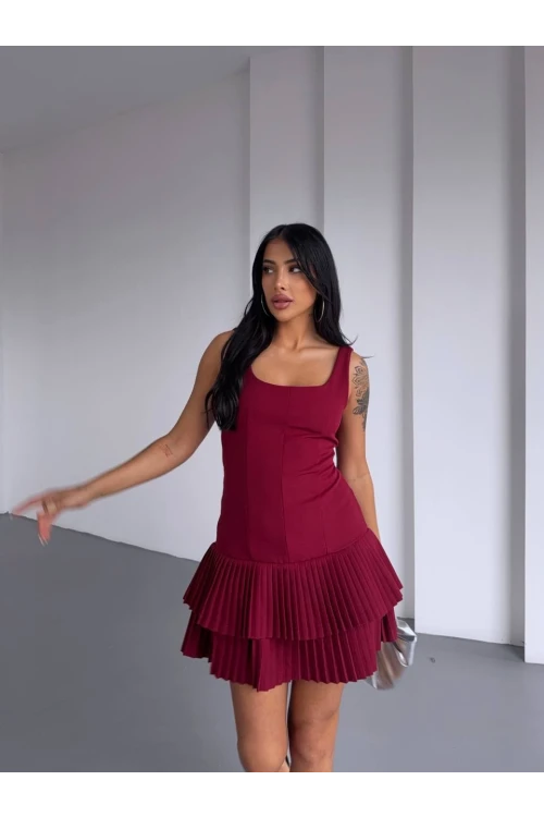 Kadın Bordo Pileli Şortlu Mini Elbise HZL25S-FRY122991