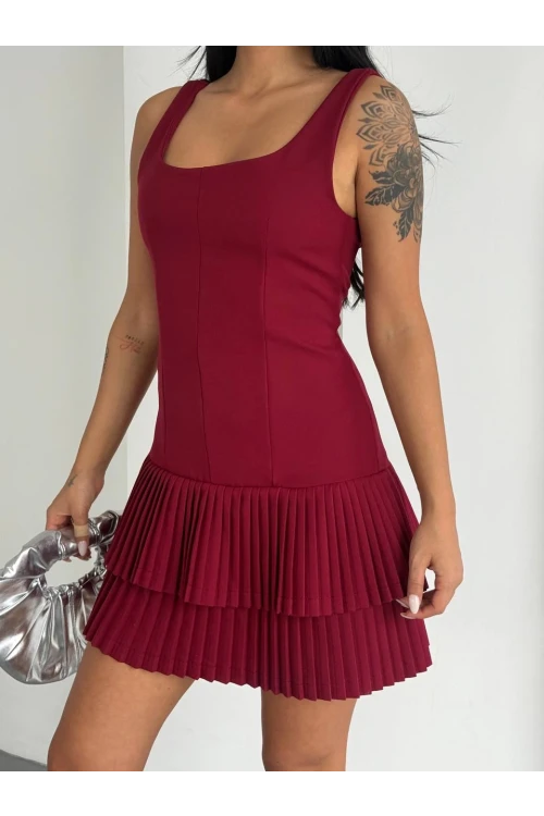 Kadın Bordo Pileli Şortlu Mini Elbise HZL25S-FRY122991