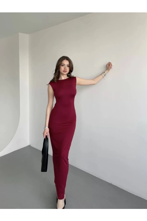 Kadın Bordo Sırt Dekolteli Yumuşak Dokulu Elbise HZL25S-ZK13321