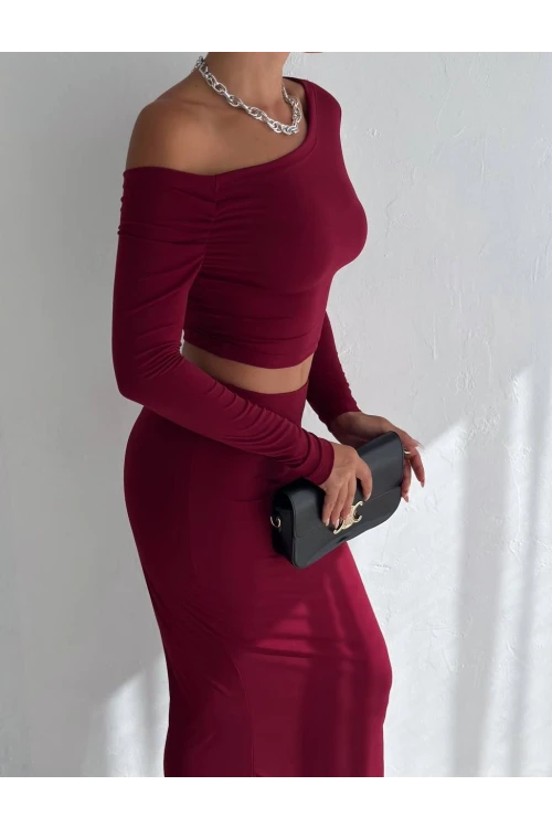 Kadın Bordo Tek Omuz Drapeli Sandy Kumaş  İkili Takım HZL25W-FRY122511