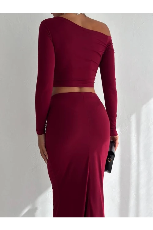 Kadın Bordo Tek Omuz Drapeli Sandy Kumaş  İkili Takım HZL25W-FRY122511