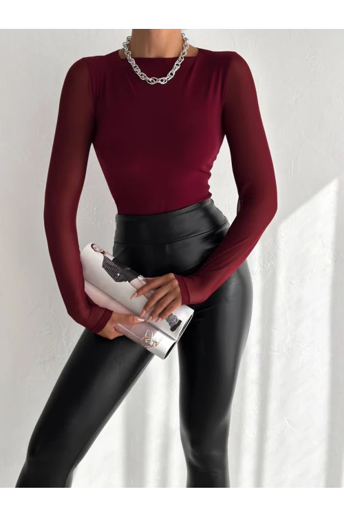 Kadın Bordo Uzun Tül Kol Sandy Bluz HZL25W-FRY122521