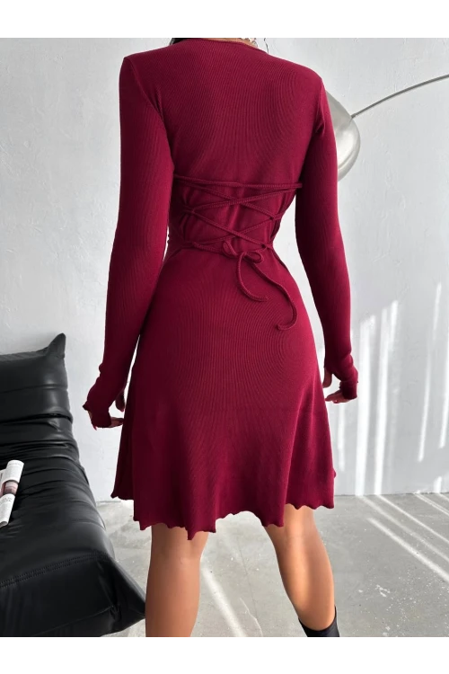 Kadın Bordo V Yaka Yandan İp Bağlamalı Kaşkorse  Elbise HZL24W-FRY121751