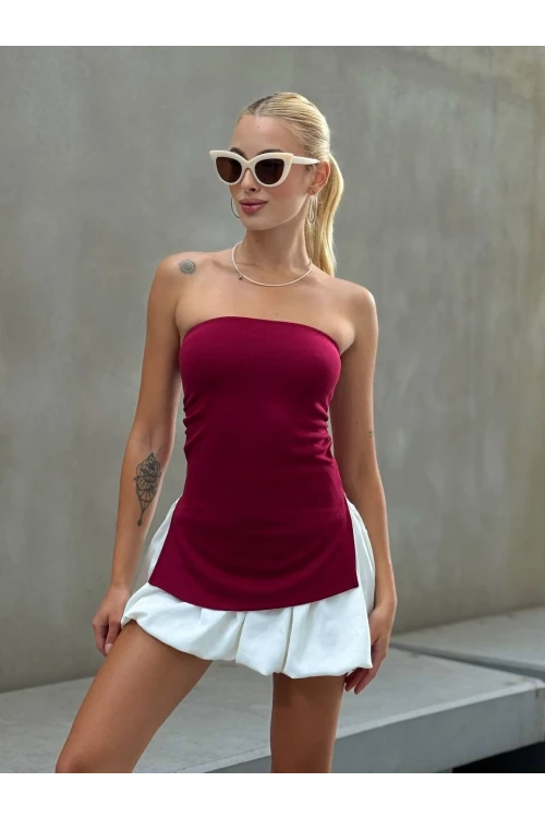 Kadın Bordo Yanı Büzgülü Çift Yırtmaçlı Straplez Bluz HZL24S-ZK13091