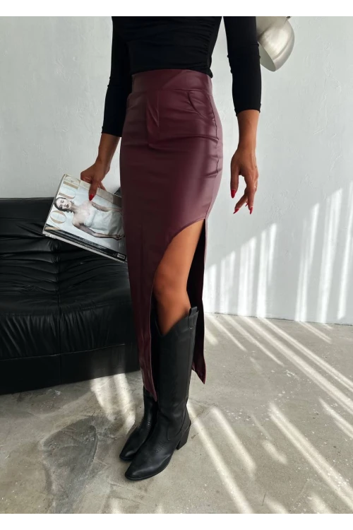 Kadın Bordo Yüksek Bel Cep Detaylı Yandan Yırtmaçlı Etek HZL25W-FRY122461
