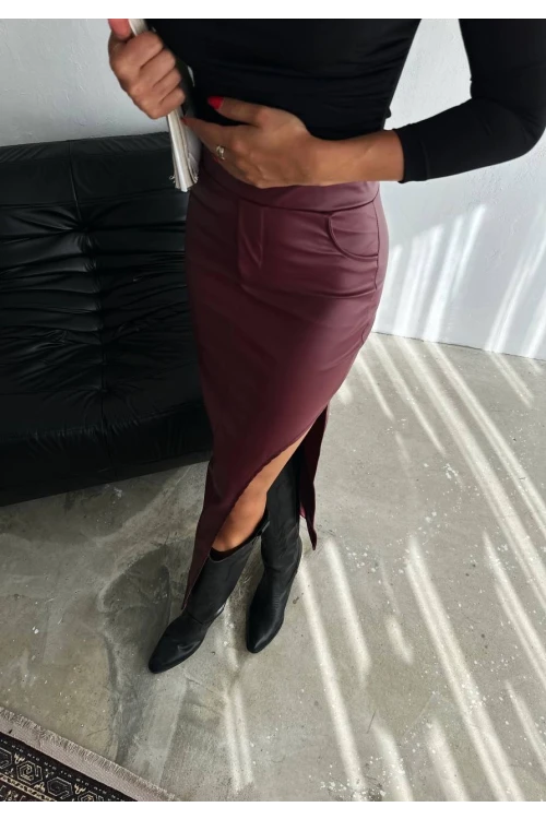 Kadın Bordo Yüksek Bel Cep Detaylı Yandan Yırtmaçlı Etek HZL25W-FRY122461