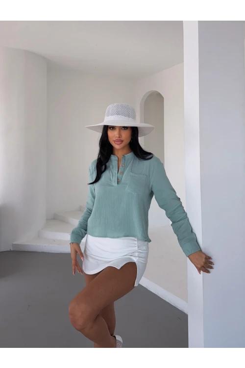 Kadın Çağla Yeşil Hakim Yaka Müslin Gömlek Bluz HZL25S-DSB1515